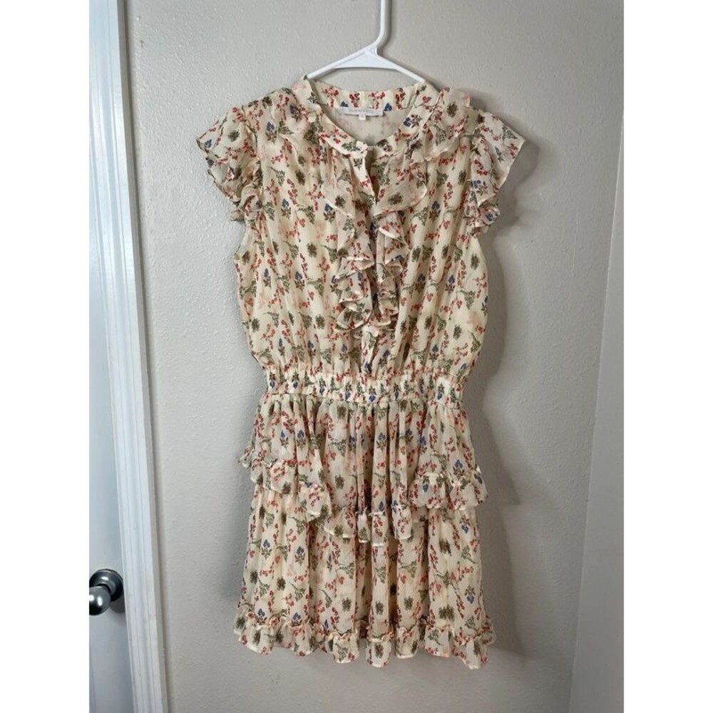 Olivaceous Women’s Medium Cream Floral Ruffle Midi Dress Cottagecore Boho